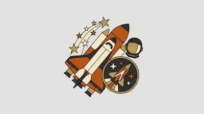 A space shuttle, an astronaut helmet, and a circular mission patch are grouped together with a trail of stars.