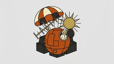 A stylized orange space capsule with an astronaut looking out of a hatch, positioned below a striped parachute and next to a golden sun.