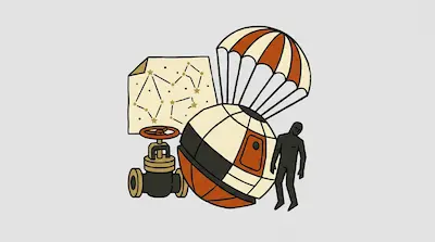 A star chart, a mechanical valve, a spherical space capsule with a parachute, and a dark human silhouette.