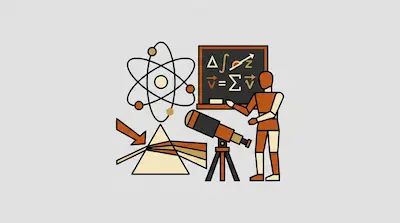 A wooden mannequin points to a chalkboard with equations, surrounded by an atom model, a telescope, and a prism.