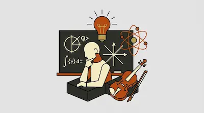 A person in a thinking pose is surrounded by a chalkboard with mathematical symbols, a lightbulb, an atom model, and a violin.