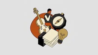 A person sits surrounded by a cello, a compass, a stack of papers, and a lightbulb against an orange circular backdrop.