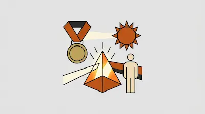 A medal, a sun, a prism with light beams, and a simple human figure are shown in shades of orange and gold.