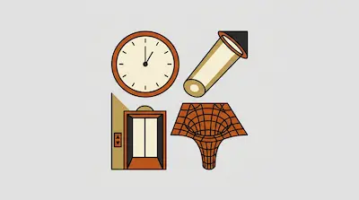 Four stylized icons arranged in a grid: a clock, a cylindrical tube, an elevator, and a grid-patterned funnel.
