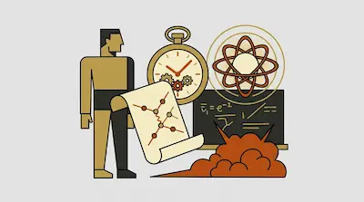 A stylized human figure stands next to a pocket watch, an atom model, a chalkboard with equations, and a scroll with a particle diagram.