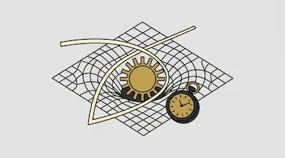 A golden sun-like gear sits in the center of a warped black grid, accompanied by a pocket watch and a curved golden beam.