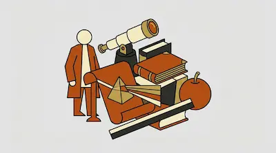 A person in a long coat stands next to a telescope, a stack of books, a prism refracting light, and an apple.
