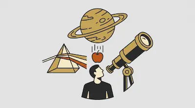 A person looks up at a falling apple, surrounded by a prism, a telescope, and a ringed planet.