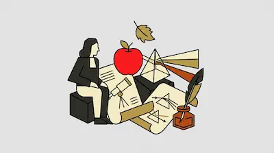 A person in historical attire sits next to a large red apple, a prism refracting light, and scrolls with scientific diagrams.