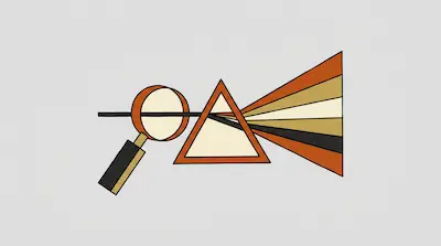 A black line passes through a magnifying glass and a triangle, splitting into a fan of orange, tan, and dark gray bands.