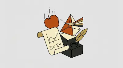 A falling apple, a prism refracting light, a scroll with mathematical symbols, and a quill pen in an inkwell.