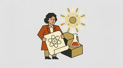 A person holds a scroll with an atom diagram, standing near boxes, a laboratory flask, and a sun-like symbol.