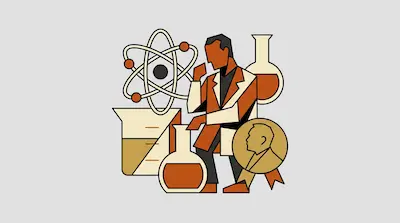 A scientist in a lab coat is surrounded by an atom model, laboratory glassware, and a medal.