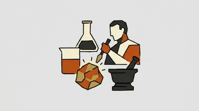 A person uses a tool on a faceted rock surrounded by laboratory glassware and a mortar and pestle.
