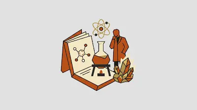 A person in a lab coat stands behind an open book featuring a molecular diagram, a flask on a burner, an atom model, and crystals.