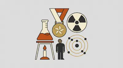 A collection of icons including a medal, a radiation symbol, a chemistry flask on a stand, a human figure, and an atomic model.