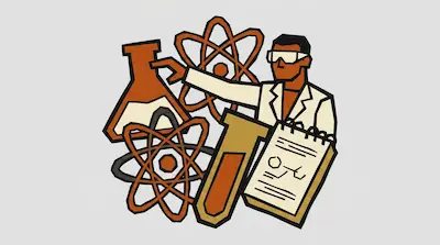 A person in a lab coat and safety goggles surrounded by a flask, a test tube, a notepad, and atomic models.