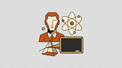 Flat illustration of a scientist with an atom symbol, a chalkboard, and a glass prism on a light gray background