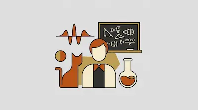 Flat illustration of a scientist surrounded by a cat, a chalkboard with math, and a beaker on a gray background