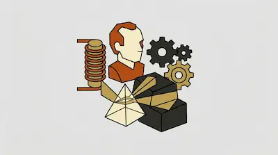 Flat illustration of a man's head surrounded by mechanical gears, a copper coil, and a glass prism on a gray background