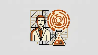 Flat illustration of a man in a suit next to a science beaker and a circular maze pattern on a grid background