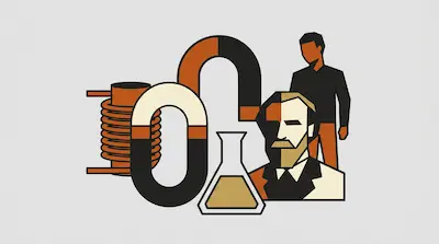 Flat illustration of a scientist, a horseshoe magnet, and a copper coil in a minimalist graphic style on a gray background