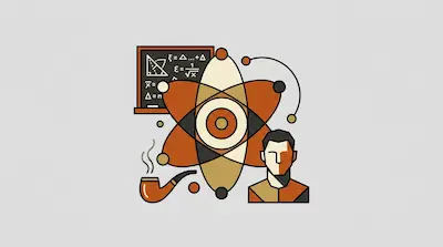 Flat illustration of a man, a smoking pipe, a chalkboard with math, and a large atom symbol in earth tones.