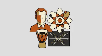Flat illustration of a man, an atom, a bongo drum, and a Feynman diagram in a minimalist orange and tan color palette