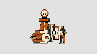 A person holding a blueprint stands next to a stylized machine topped with a lightbulb.