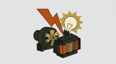 A turbine, a transformer, a lightning bolt, and a glowing light bulb.