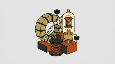 A vacuum tube, a wire coil, and a large segmented ring with electrical sparks between them.