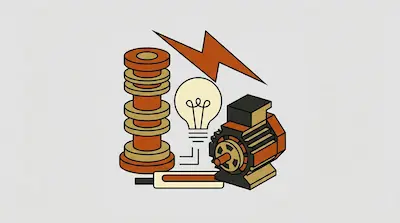 A collection of electrical components including a light bulb, an electric motor, a stack of insulators, and a lightning bolt.