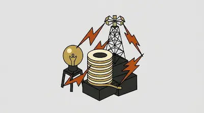 A lightbulb, a coil of wire, and a transmission tower are connected by orange lightning bolts.