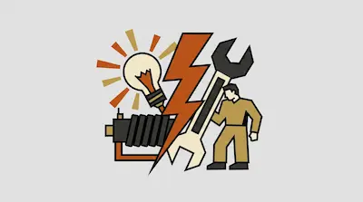 A lightbulb and motor are on the left, a large lightning bolt is in the center, and a person in a jumpsuit stands next to a large wrench on the right.