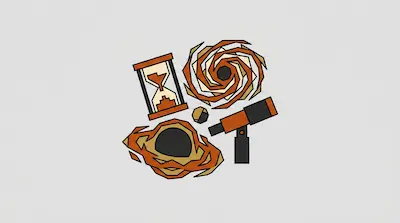 Geometric icons of an hourglass, a spiral galaxy, a black hole, and a telescope in shades of orange and black.