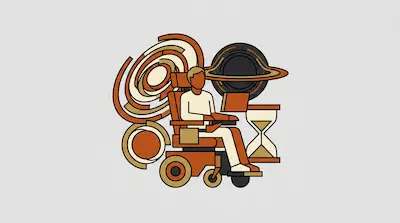 A person in a wheelchair is surrounded by stylized depictions of a spiral galaxy, a black hole, and an hourglass.