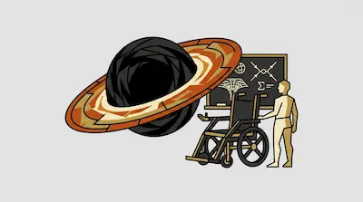 A stylized graphic of a black hole with an orange accretion disk next to a chalkboard, an empty wheelchair, and a standing figure.