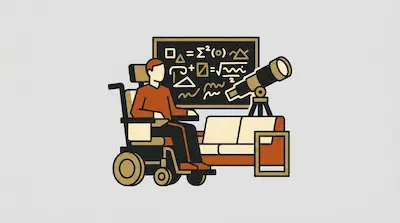 A person in a wheelchair sits in front of a chalkboard filled with mathematical symbols, with a telescope on a tripod nearby.