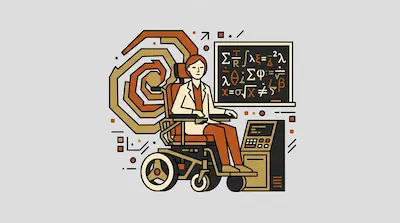 A person in a white coat sits in a motorized wheelchair next to a chalkboard filled with mathematical equations and a computer console.