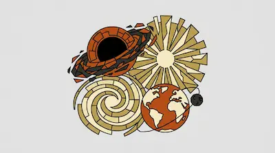 Stylized celestial bodies including a black hole, a sun, a spiral galaxy, and Earth with its moon.