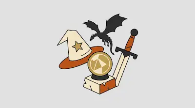 Flat illustration of a wizard hat, a dragon silhouette, and a sword on a light grey background