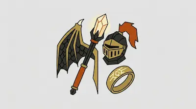 Flat illustration of a dragon wing, a glowing crystal staff, a knight helmet, and a runic gold ring on a gray background