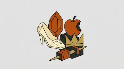 Flat illustration of a glass slipper, a bitten apple, and a golden crown in a geometric style on a gray background