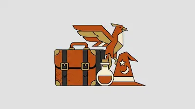 Flat illustration of a brown leather suitcase, a phoenix, a potion bottle, and a wizard hat on a gray background