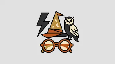 Flat illustration of a wizard hat, round glasses, a lightning bolt, and an owl perched on the frames