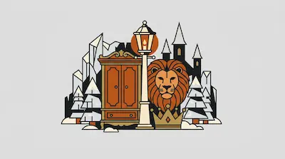 Flat illustration of a lion, a wooden wardrobe, and a lamp post against a snowy mountain and castle backdrop