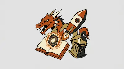 Flat illustration of a red dragon, a rocket ship, an open magic book, and a knight helmet on a light gray background