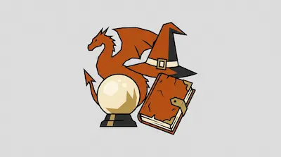 Flat illustration of a dragon, a wizard hat, a crystal ball, and an old spellbook on a light grey background