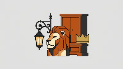 Flat illustration of a geometric lion head, a wooden wardrobe, a crown, and a glowing street lamp on a gray background