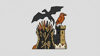 Flat illustration of a sword throne, a castle tower, a three-eyed raven, and a flying dragon silhouette